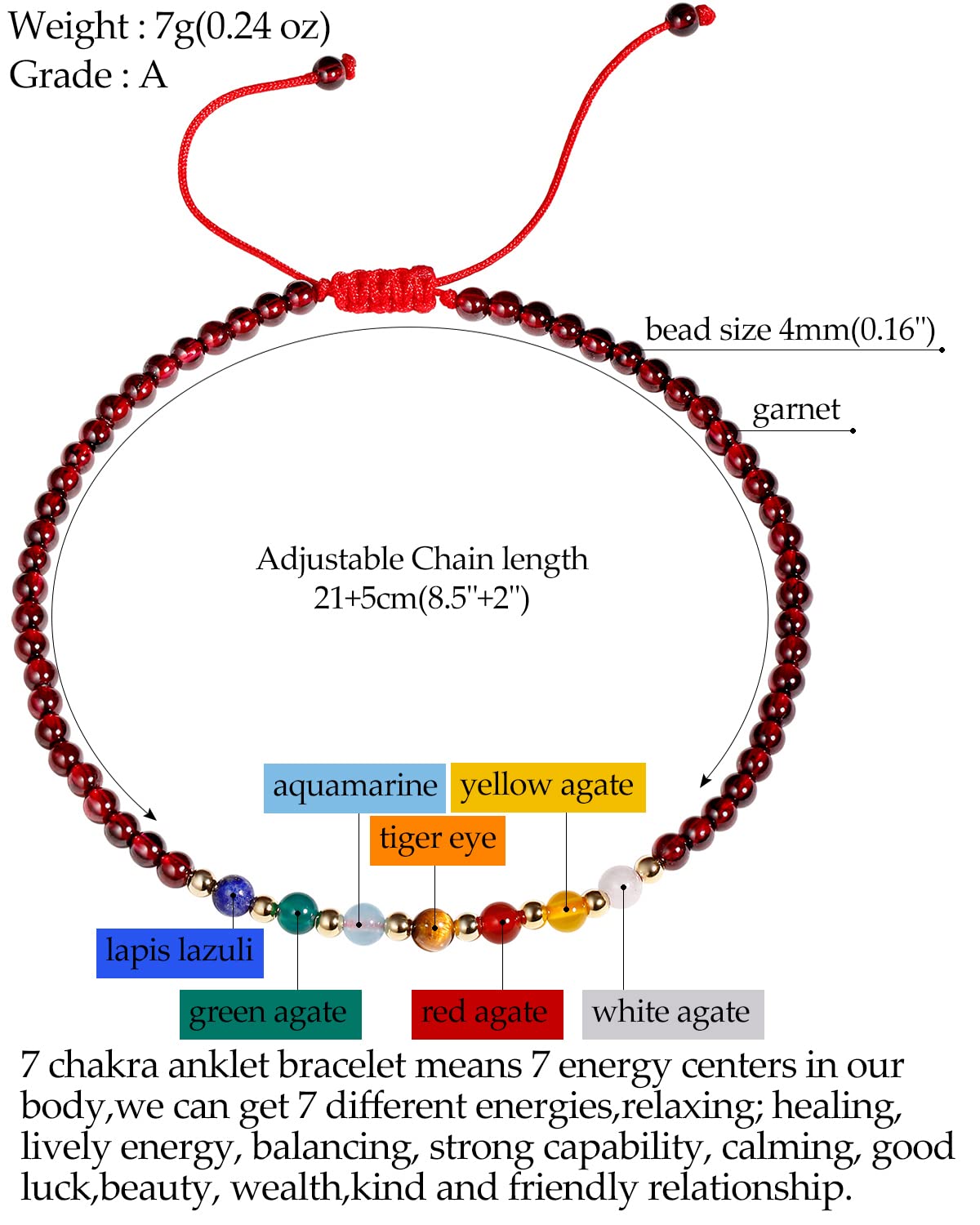 Jewever 7 Chakra Ankle Bracelets for Women Beach Foot Healing Crystals Lava Rock Essential Oils Diffuser Worry Stone Energy Balancing Meditation Yoga Gifts (Garnet)