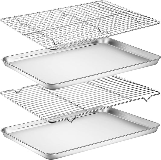 Yododo Baking Sheet Set - Stainless Steel Cookie Sheet with Cooling Racks | 4-Piece (2 Sheets + 2 Racks) - 17½ Inch