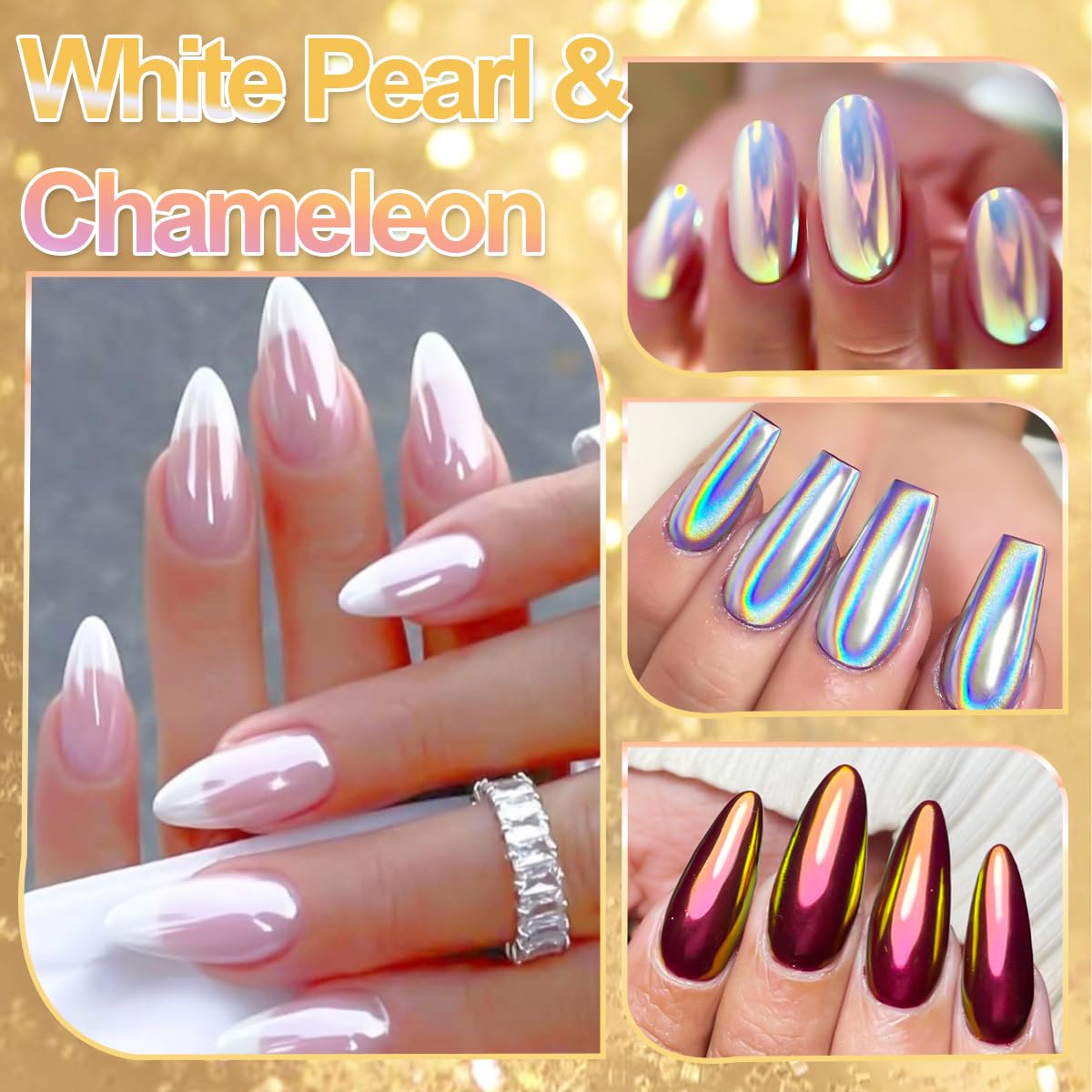 12 Jars Chrome Nail Powder Kit, White Pearl Chrome Nail Powder Metallic Mirror Effect Pigment Holographic Dip Powders & Opal Nails Chunky Glitter Flakes for Home DIY Salon Use