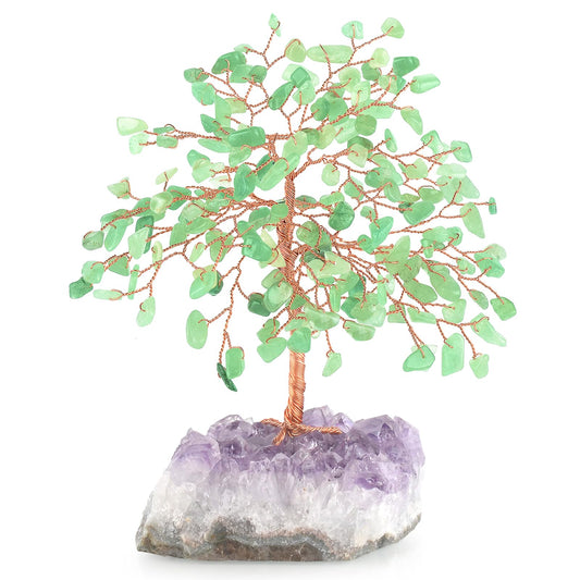 MASGEMES Gemstone Crystal Tree of Life,Natural Green Aventurine with Amethyst Cluster Base,Feng Shui Gift Bonsai Money Tree,Home Decor for Luck and Wealth 5.5"-6.3"