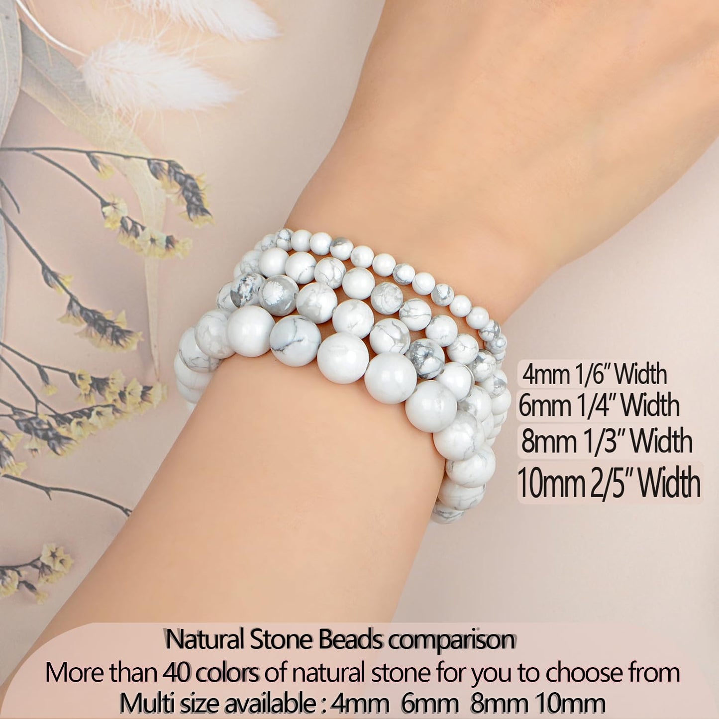 LPBeads Handmade Natural Gemstone Stretch Elastic 6mm White Howlite Bracelet Healing Crystal Round Stone Beads Jewelry Gifts for Women Men