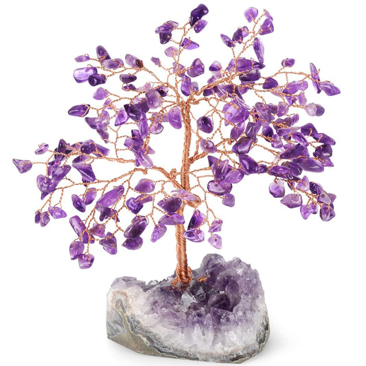 MASGEMES Handmade Chakra Gemstone Crystal Tree of Life,Natural Amethyst with Amethyst Cluster Base,Bonsai Feng Shui Decor Money Tree,Healing Crystals Positive Energy Gift Size 5.5"-6.3"