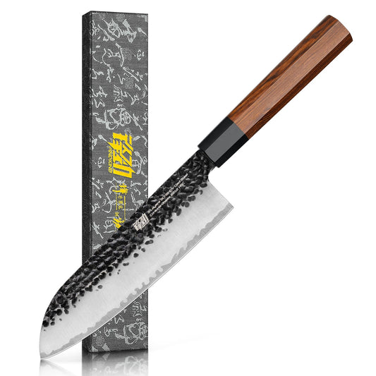 FINDKING Japanese Santoku Knife 7 Inch, Multipurpose Japanese Chef Knife with High Carbon Steel Blade, Rosewood Octagonal Handle, for Meat, Fish, Fruits and Vegetables, Dynasty Series
