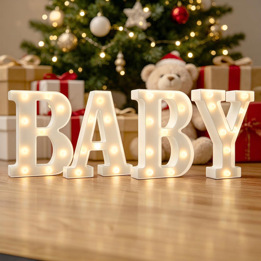 CDIXlmuz Baby Shower Marquee Letters - 4Pcs 8.6in Light Up Sign for Gender Reveal, Birthday, Nursery Home Table Decorations - Battery Operated Plastic Led Lights with On/Off Switch (White)