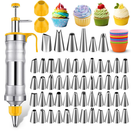 NOVANO Dessert Decorating Syringe Set, Frosting Piping Kit Stainless Steel Cake Decorating Kit with 54 Piping Tips & 9 Silicone Cupcakes, Yellow