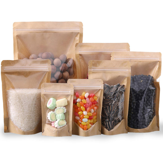 100 Pack Kraft Resealable Bags with Clear Front Stand Up Brown Kraft Bags with Window Transparent Bulk Pouches Ziplock Paper Bags 3.5"x5.5"