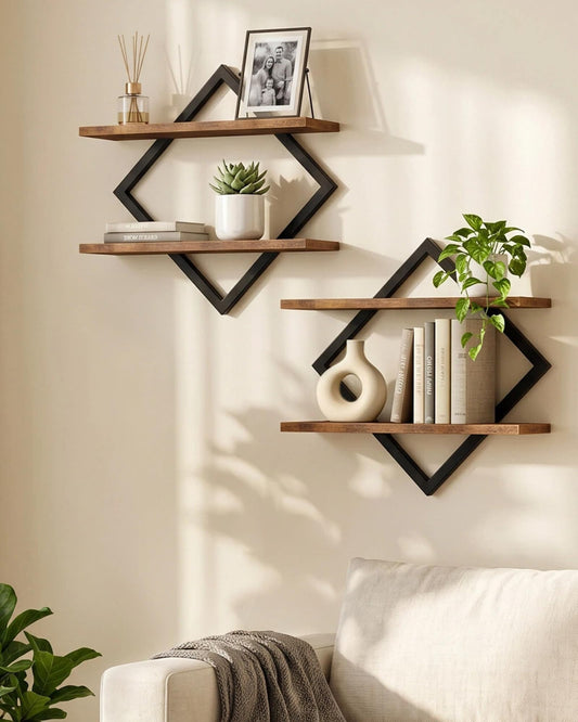 CHOEZON Floating Shelves, Set of 2 Wall Shelves, 2-Tier Hanging Shelves, Wall Shelf Set of 2, Wall Mounted Shelves, for Living Room, Bedroom, Kitchen, Office, Study, Rustic Brown TBJ01P2BF