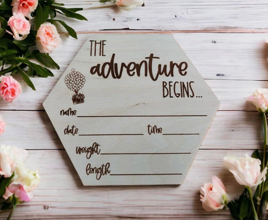 Wooden Baby Birth Announcement Sign – “The Adventure Begins” – Handmade 6"x7" Baltic Birch Plaque with House & Balloons Inspired by Up – Gender Neutral Nursery Decor - Hello World Hospital Plaque, Cursive Script