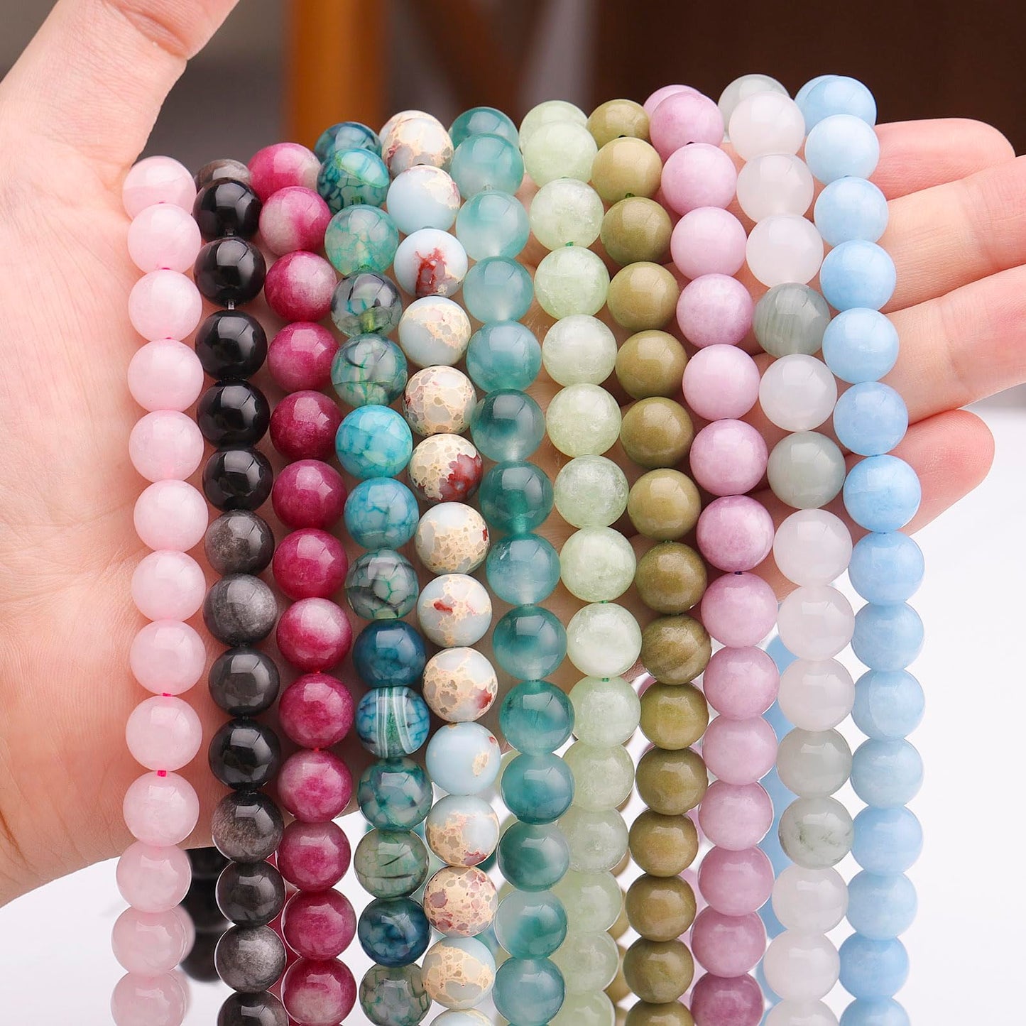 6mm Natural Stone Beads 65pcs Flower Jade Polished Round Smooth Crystal Loose Gemstone Beads for Jewelry Making DIY Bracelet Necklace Earring Crafts Supplies