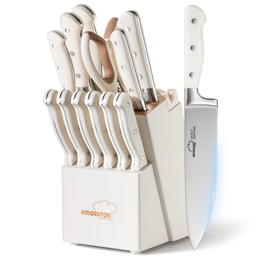 Knife Set, Kitchen Knives Set with Block and Sharpener 14 Pcs Full Tang Knives German Stainless Steel Dishwasher Safe Kitchen Utensils Set with Ergonomic Handle Gifts for Women