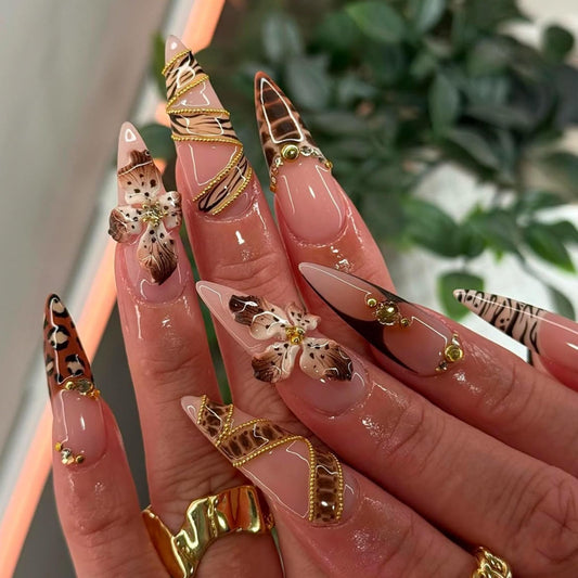 Almond Press on Nails Long Brown Flowers Stick on Nail for Women 24pcs