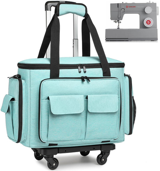 SLINRKE Sewing Machine Case with Wheels - Rolling Sewing Machine Tote with Removable Bottom Pad & Multiple Storage Pockets, Compatible with Singer & Brother (Teal)