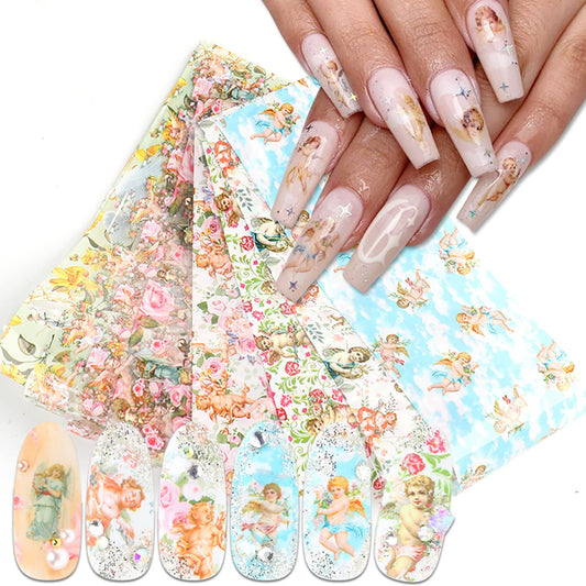 Angel Holographic Nail Foil Stickers - Sky Starry Paper Transfer Foils, Flowers Decals for Nail Transfer Glue