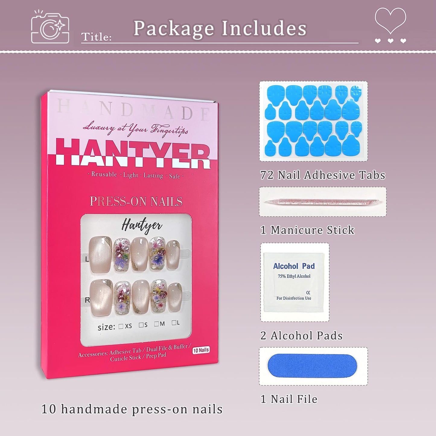 Hantyer 10pcs Press on Nails, Medium Coffin Glossy Fake Nails, Nude Cat Eye Nails with Colorful Dried Flowers & Gold Wire, Reusable Elegant False Nails for Wedding Party Date (Size M)