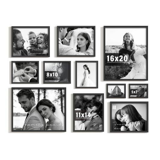 DUENPY 11 Pack Picture Frames Collage Wall Decor Set, Multi-Size Photo Frames for Wall Mounting, Gallery Wall Picture Frames Kit with 2pcs 16x20, 4pcs 11x14, 3pcs 8x10, 2pcs 5x7, Black Frame Sets