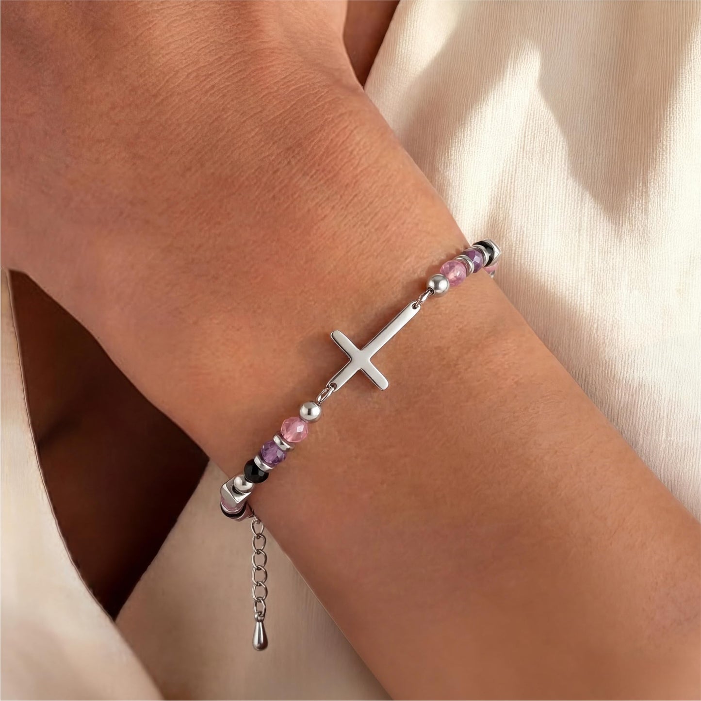 50th Birthday Gift for Her, 50th Birthday Decorations for Women, Dainty Christian Cross Bracelet – Adjustable Anxiety Relief Friendship Jewelry for Friend, Sister, Mom
