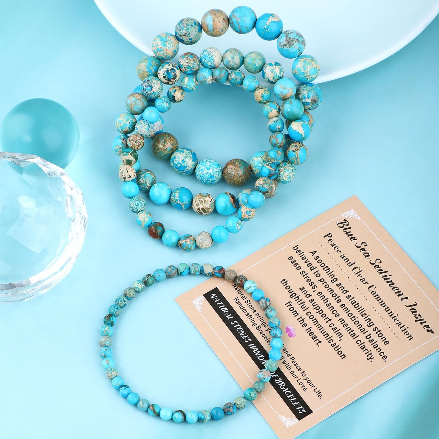 AD Beads 10mm Handmade Blue Sea Sediment Imperial Jasper Elastic Bracelet – Natural Gemstone for Joy & Positivity – Meditation, Yoga, Healing and Energy Gift for Men Women