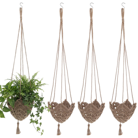 AOZUO 4 Pack Jute Crochet Long Plant Hanger for 3 Inch to 12 Inch Pots, Macrame Plant Hanger Macrame Plant Holder Rope with S Shaped Hooks for Indoor Outdoor Home Decor (Brown)
