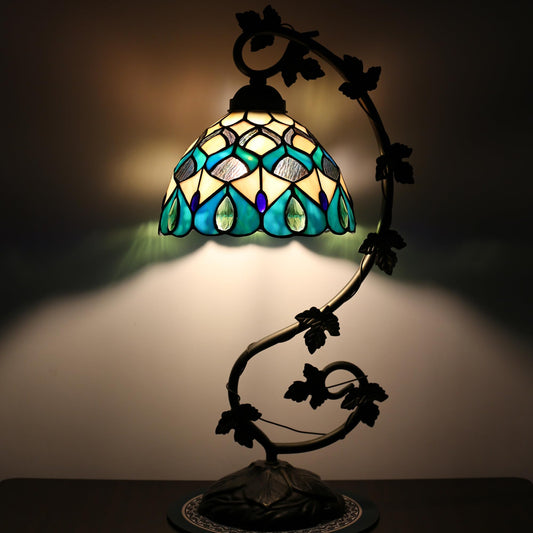 ZYLINX Tiffany Lamp Stained Glass Style Table Lamp 8 x 10 x 21” Peacock Feather Bedside Reading Light with Arched Metal Leaf Base for Desk Bedroom Living Room Study
