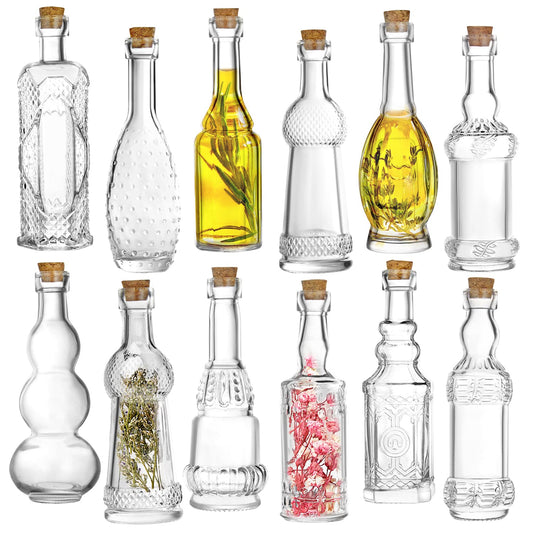 Kitchen Lux Vintage Small Bottles With Corks, Assorted Shapes [12-Pack] Clear Mini Glass Jars With Cork Lids For Crafts, Party Favors & Wedding Decorations- Small Bud Vases/Sand Art Bottles