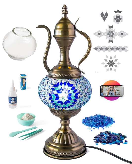 KRAFTSTORIES DIY Turkish Mosaic Lamp Kit for Adults | Teapot Style Making Craft Kit | Make Your Own Lamp | Moroccan Table Bedside Traditional | Home Decoration Gift (Blue)