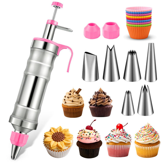 Hendiy Dessert Decorating Syringe Set, Stainless Steel Frosting Piping Kit Cake Decorating Kit with 6 Piping Tips & 9 Silicone Cupcakes, Cupcake Decorating Kit Piping Bags and Tips Set