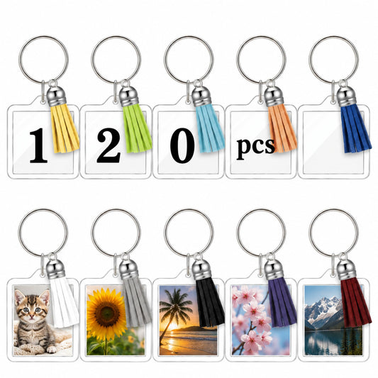 Yaomiao 120 Set Acrylic Photo Keychain with Tassel Clear Blank Custom Keychain Frame Holder Insert Picture Keyring Making Kit (Square)