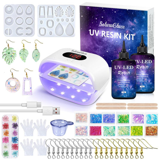SolaraGlaze UV Resin Kit with Light 240g Hard Type Clear UV Resin Jewelry Making Kit Two-Sided Light and Molds DIY Jewelry Making Supplies for Keychain and Earring