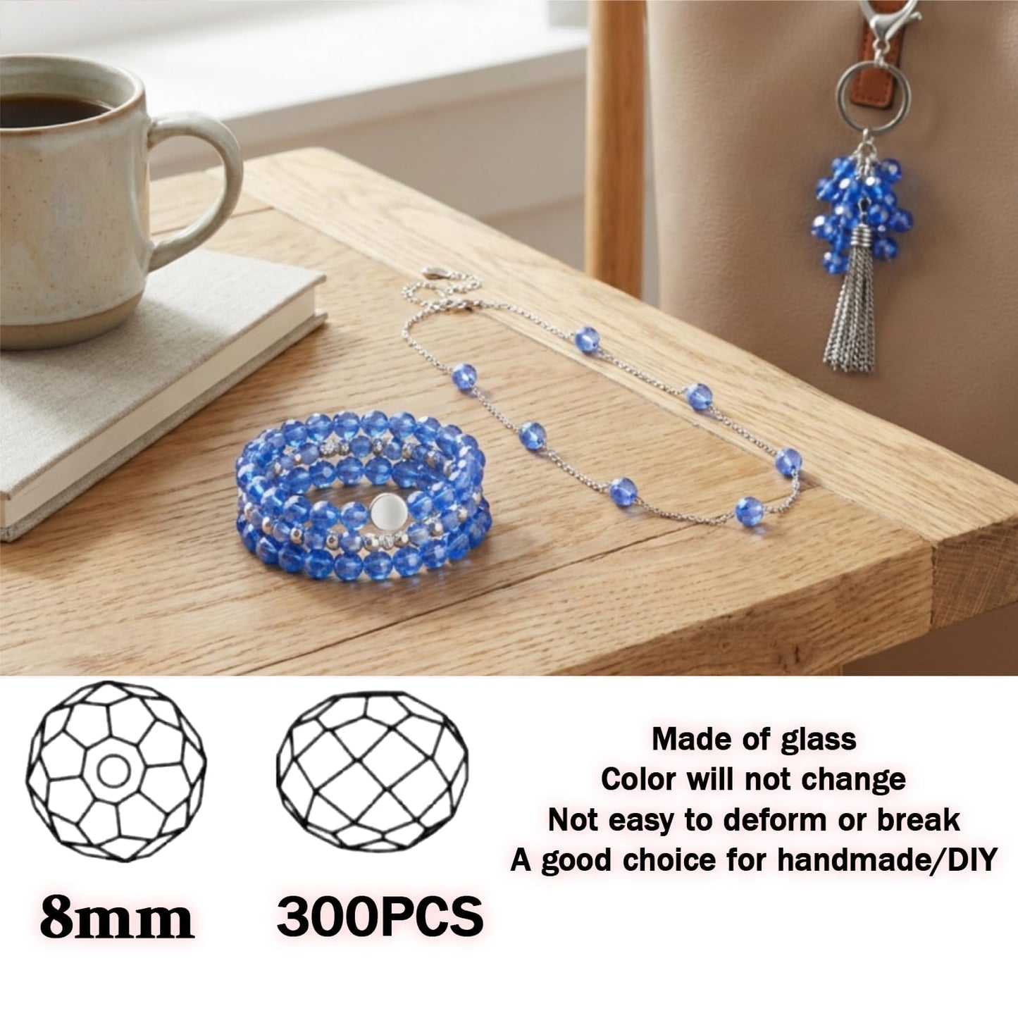 Kutiayta 8mm Faceted Glass Beads, 300PCS Bulk Crystal Beads for Jewelry Making, DIY Bracelet Necklace Crafts, Round Transparent Beads