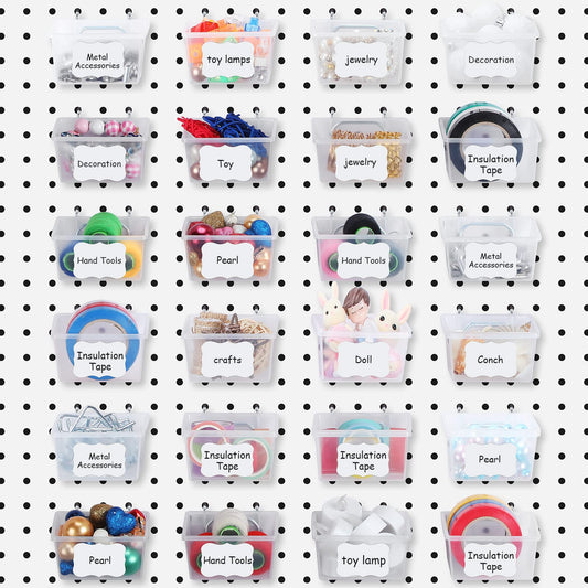 Unittype 24 Set Clear Peg Board Baskets and Bins Pegboard Baskets Organizer Accessories Peg Board Bins with Hooks Sticker Label and Pen for Office Wall Teacher Craft Supplies Garage Tool Storage