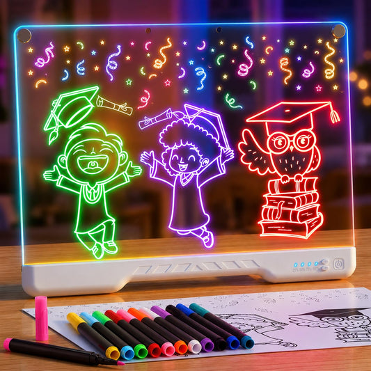 LED Light Board Drawing Pad for Kids, Rechargeable Glow Art Tablet with 12 Colors, Dry Erase Surface with Tracing Paper, Includes Markers and Stand- Gift Toy for Kids/Girls/Teens