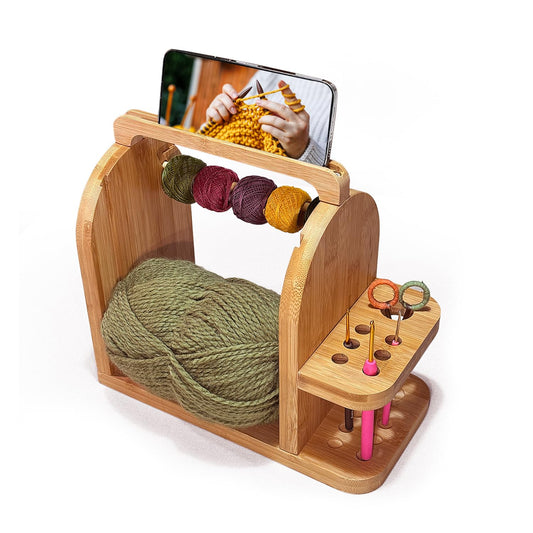 Yarn Holder for Crochet Accessories – Durable Bamboo Wood Knitting Accessories Yarn Storage Organizer with Built-in Phone Stand – Tangle-Free Dual Rods and Tool Holder – Works with Skein, Cake, Ball