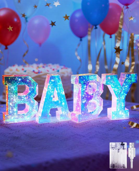 AceList Iridescent Baby Marquee Letters for Baby Shower - 7.87 Inch Light Up Sign for Table Centerpiece & Backdrop, Holographic 70 LED Decor for Gender Reveal, Nursery Room, Birthday Party Supplies