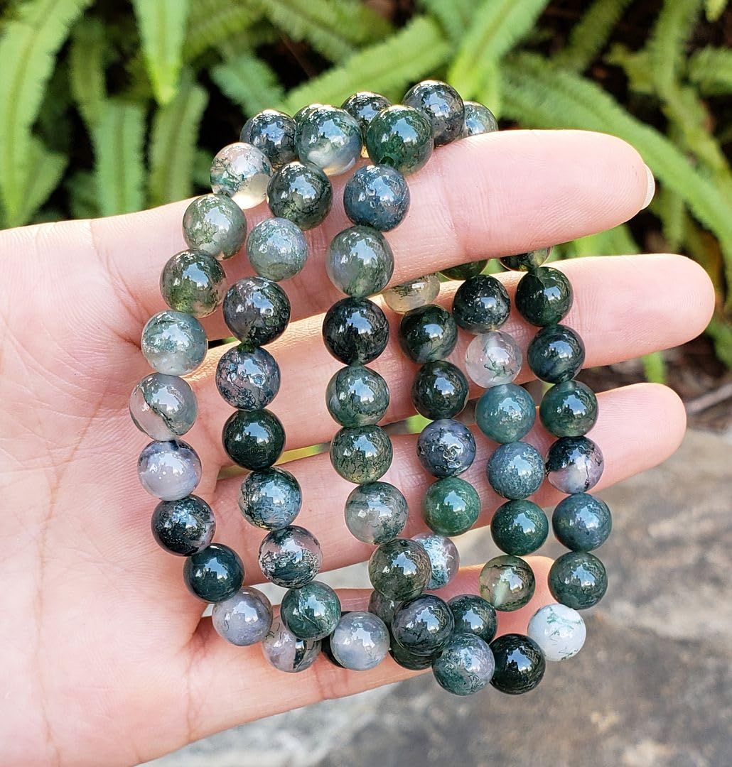 Adabele Real Natural Moss Agate Gemstone Beaded Bracelet 7 inch Stretch Chakra Healing Crystal Stone Jewelry Energy Quartz Rock GB8-25