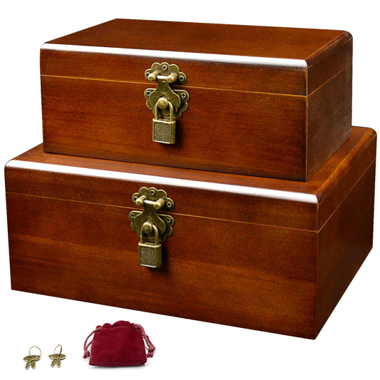 Set of 2 Wooden Storage Boxes Container with Hinged Lid, Large Wood Craft Keepsake Decorative Box with Lock and Key, Small Chest Memory Gift Box for Jewelry Christmas Wedding Travel Trinket Treasure