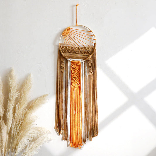 Artilady Macrame Wall Hanging Tapestry Sunrise Wall Art Boho Hanging Tapestries Large Dream Catcher, Hand Woven Orange Brown Sun Home Decorations for Bedroom Living Room Nursery (Brown Sunrise)