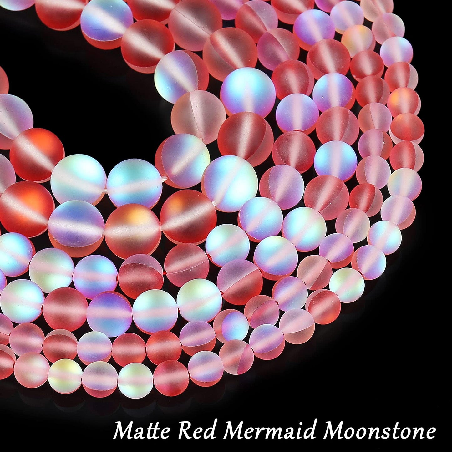 Matte Red Aurora Crystal Glass Beads, 6MM Frosted Glitter Shining Mermaid Round Loose Beads, Rainbow Holographic Synthetic Moonstone for Jewelry Making DIY Bracelet