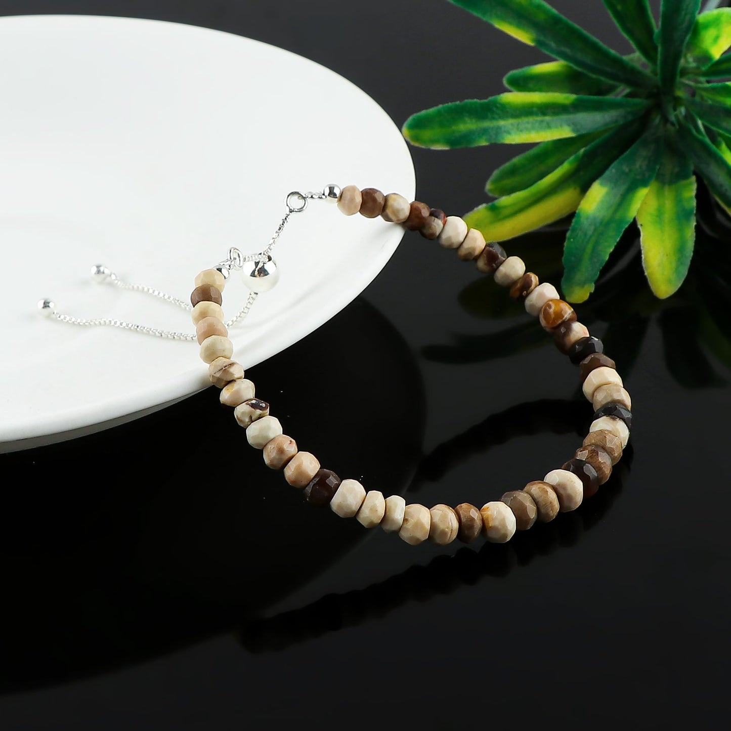 CRYSTALINES Natural Petrified Wood Jasper Gemstone Bolo Bracelet, Faceted Beads Stones, Hypoallergenic Handmade Boho Jewelry for Women, Healing Crystals, Adjustable Silver Chain 6+4inch, Jewelry Gift