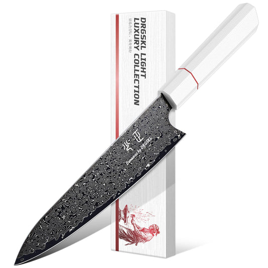 DRGSKL Damascus Chef Knife 8 Inch - VG10 Kitchen Knife for Meat Cutting - Japanese G10 Handle - Sharp Cooking Knives for Vegetables and Fruit - with Gift Box