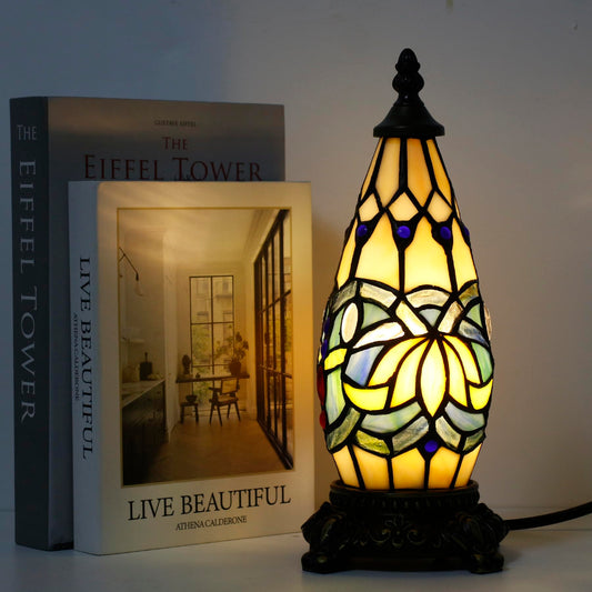 TCODTPOL Small Tiffany Lamp Stained Glass Table Lamp 5.5X11 Inch Christmas Tree Lighthouse Mini Accent Memory Sympathy Antique Night Light for Bedroom Living Room (Blue Lotus)