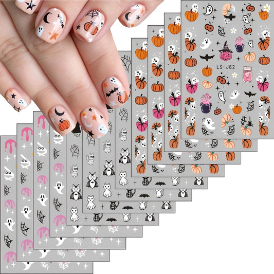 12 Sheets Halloween Nail Art Stickers 3D Self Adhesive Nail Decals Pumpkin Cute Ghost Nail Stickers for Nail Art Bat Cat Skull Design Nail Supplies Halloween DIY Manicure for Women Girls