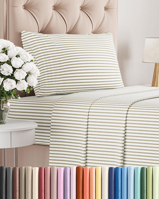Skiennix Twin Size Sheet Set - Comfy Cooling Bed Sheets - Luxury Bedding with Deep Pockets - Beige Stripes