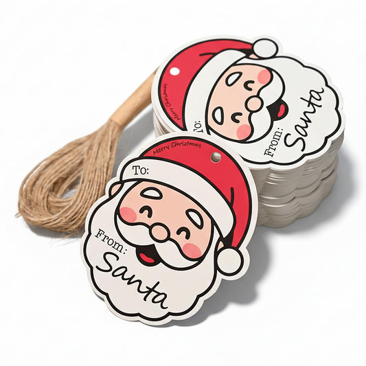 100 Pcs Cute Christmas Gift Tags - Cartoon Santa Claus Style Xmas Craft Labels with Rope for DIY Holiday Presents, Party Decorations