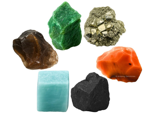 Amazing Gemstone Crystals for Workplace Manifestation, Set of 6 Green Aventurine, Smoky Quartz, Shungite, Carnelian, Pyrite and Amazonite Healing Crystals and Stones