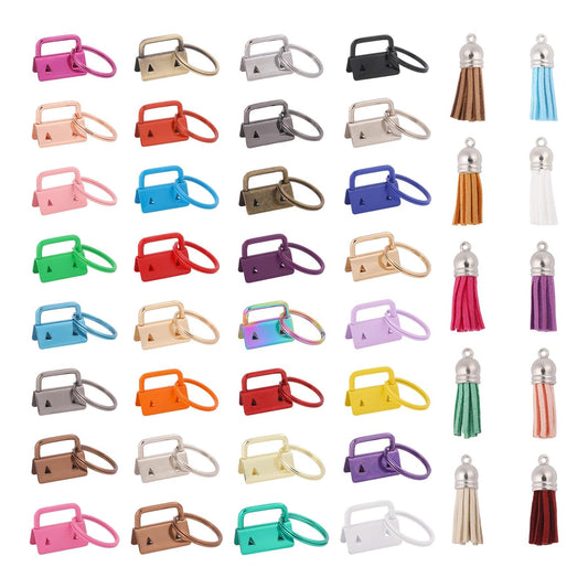 CONCHLERY 84 Pcs Mix Colors Key Fob Hardware Set Keychain Making Kits with Tassels Bulk Charms Wristlet Hardware for DIY Keychain Making