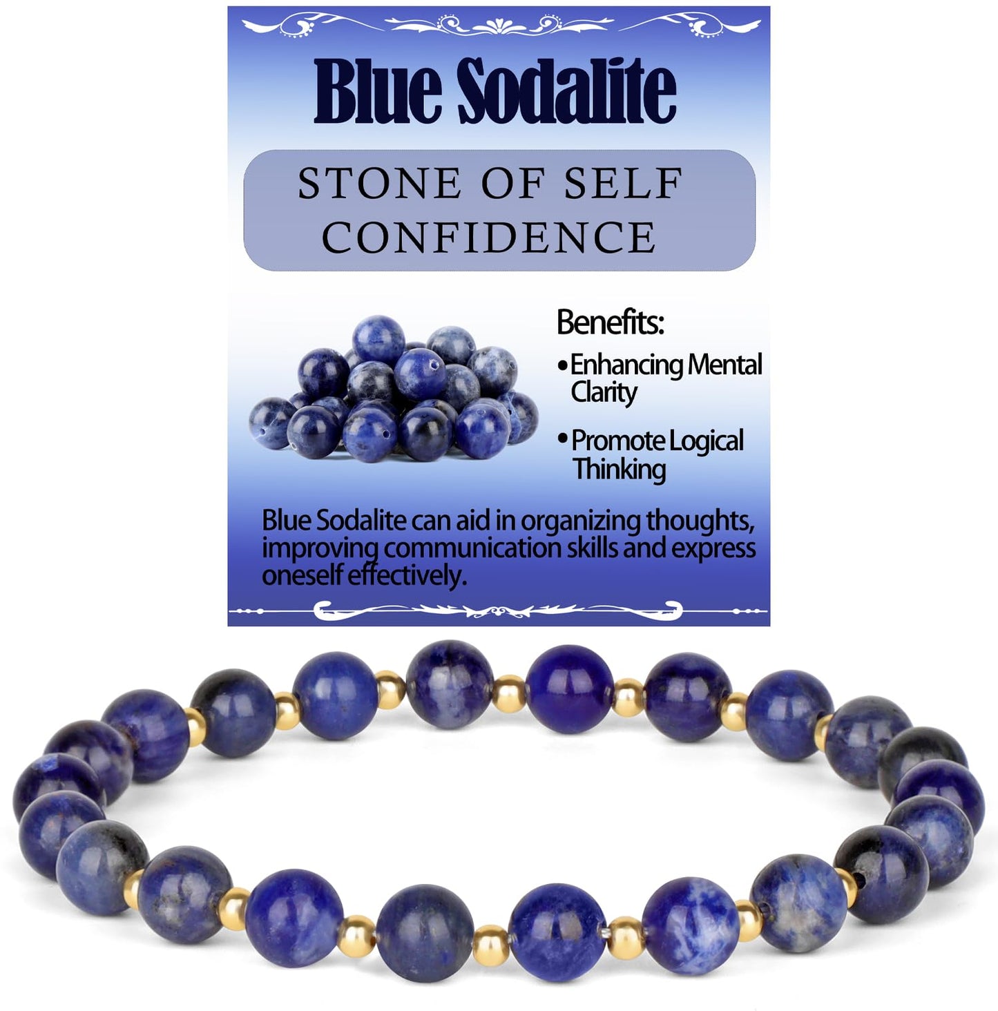 QOGIR Blue Sodalite - Self Confidence - 14K Gold Plated Beads Natural Gemstone Stretch Elastic Dainty Healing Beaded Bracelets Gifts 6mm