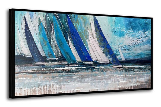 Arjun Framed Wall Art Blue Large Sailboat, Nautical Abstract Canvas Painting for Living Room 40"x20", Teal Coastal Picture Artwork Bedroom Home Office Wall Decor