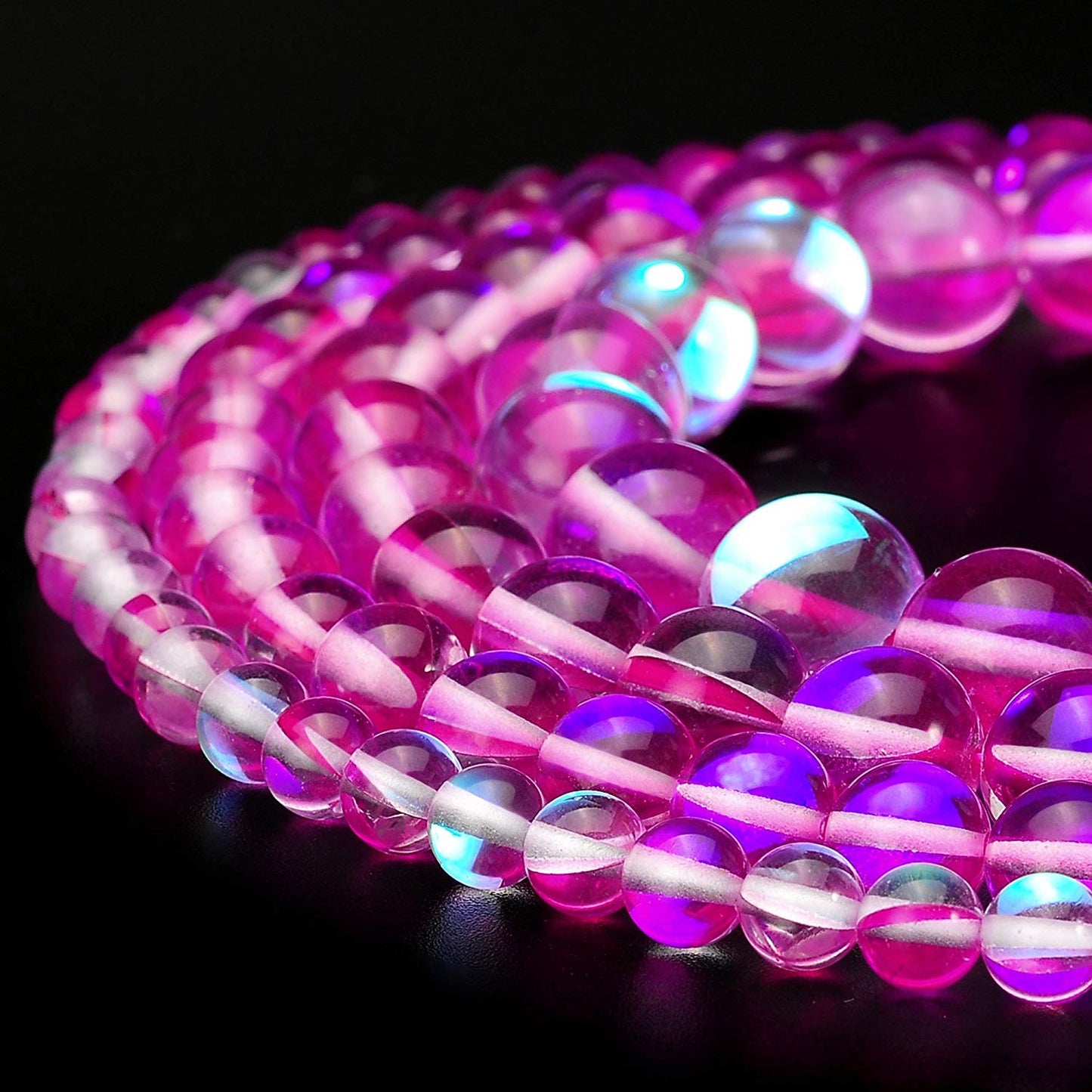 RUBYCA Round Moonstone Crystal Glass Beads Aura Iridescent for Jewelry Making (1 Strand, 10mm, Pink)