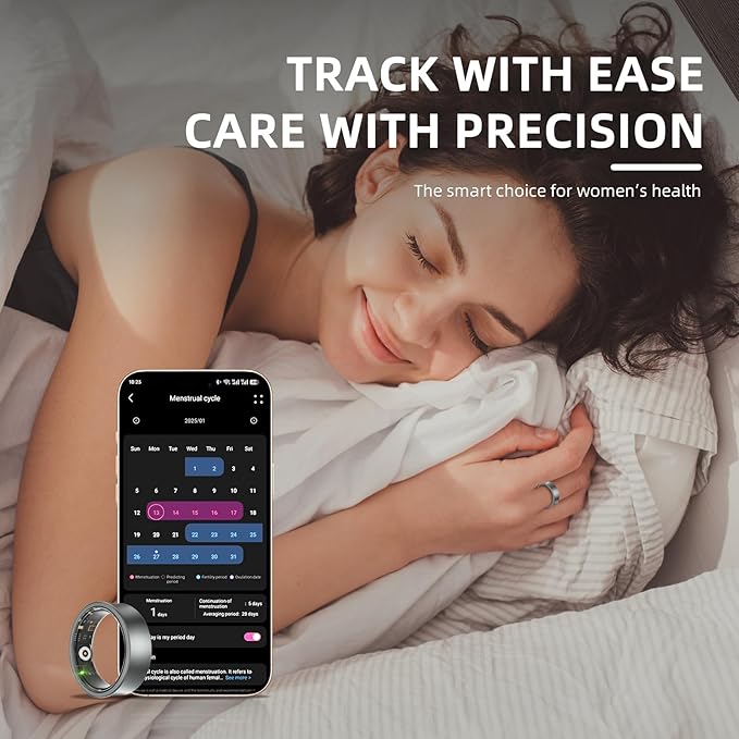 Smart Ring for Women Men, Health Fitness Tracker, 10ATM Waterproof Ring for iOS and Android, No Subscription Fee(Silver, 7)
