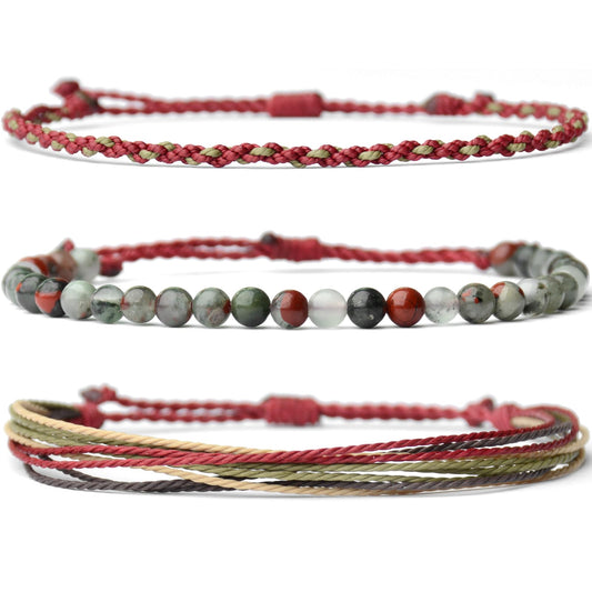Handmade Natural Stone Beaded Healing Bracelet Gift for Men Adjustable Rope String Bracelet (African Bloodstone, Adjustable)
